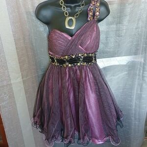 Black and Pink Cinderella Cocktail Dress, side zip, one shoulder, rhinestones
